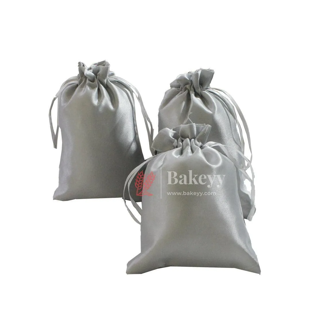 16x20 cm | Satin Potli Bags| Gray Colour | Elegant Drawstring Pouches| for Gifting and Storage|
