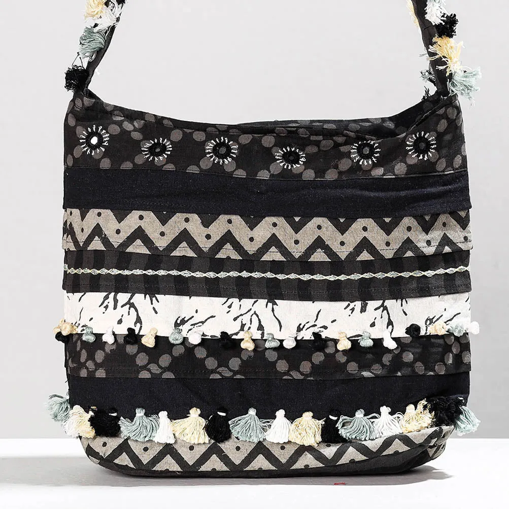 Black - Lambani Mirror Work Hand Embroidery Patchwork Cotton Shoulder Bag