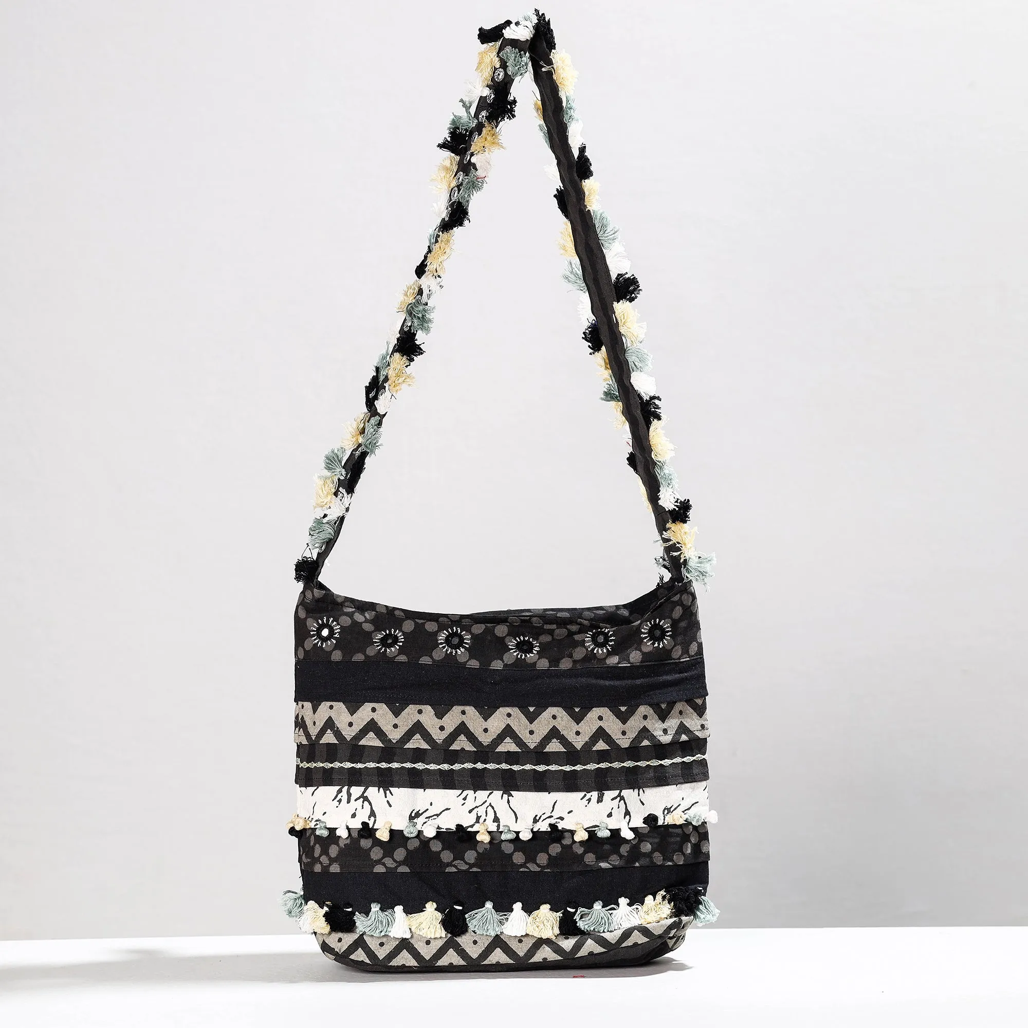 Black - Lambani Mirror Work Hand Embroidery Patchwork Cotton Shoulder Bag