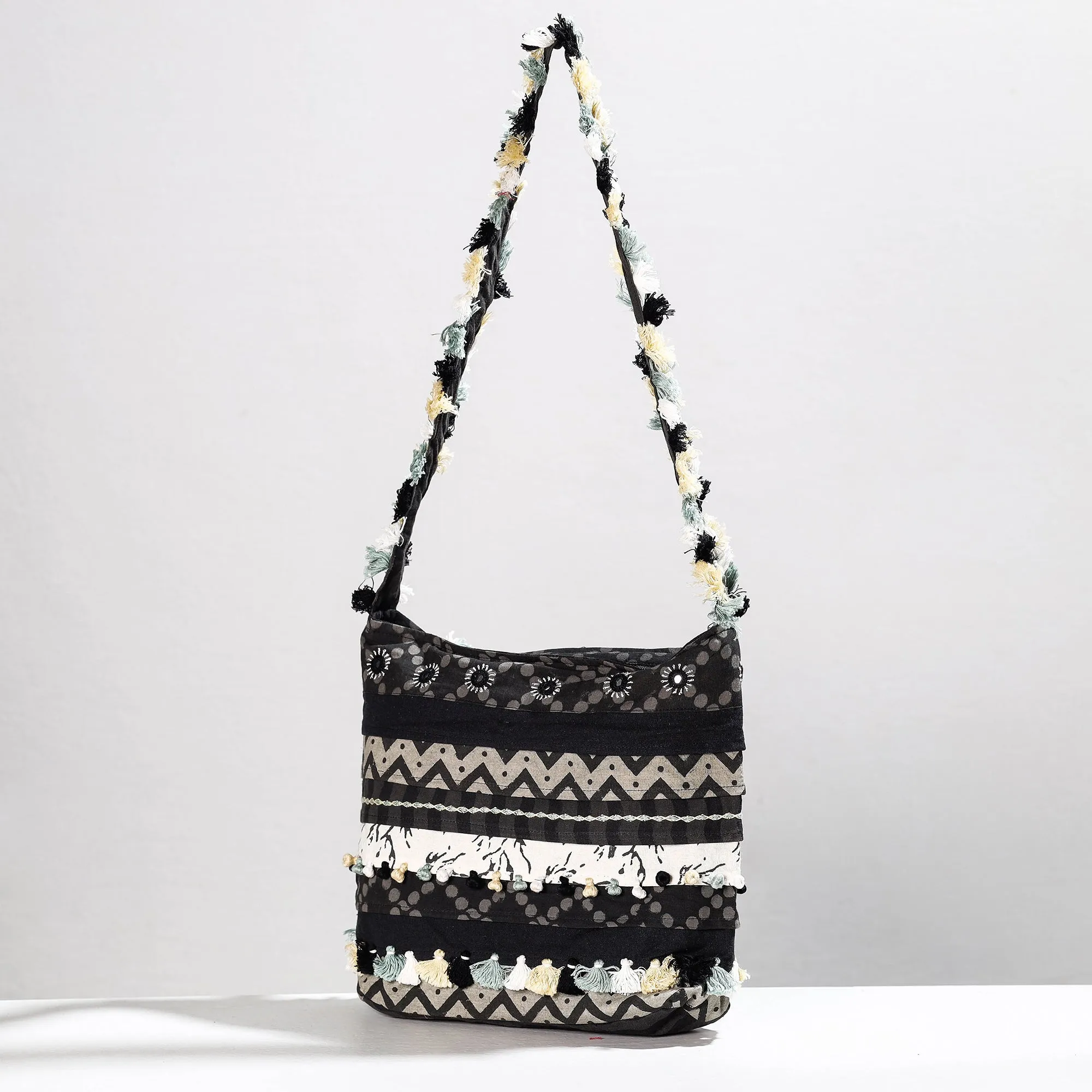 Black - Lambani Mirror Work Hand Embroidery Patchwork Cotton Shoulder Bag