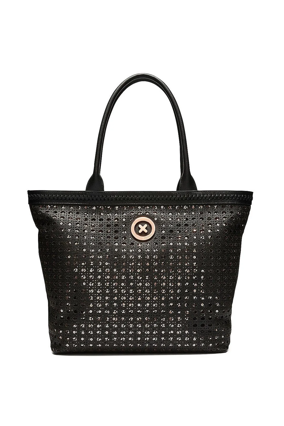 Black Leather and Rose Gold Sequin Tote