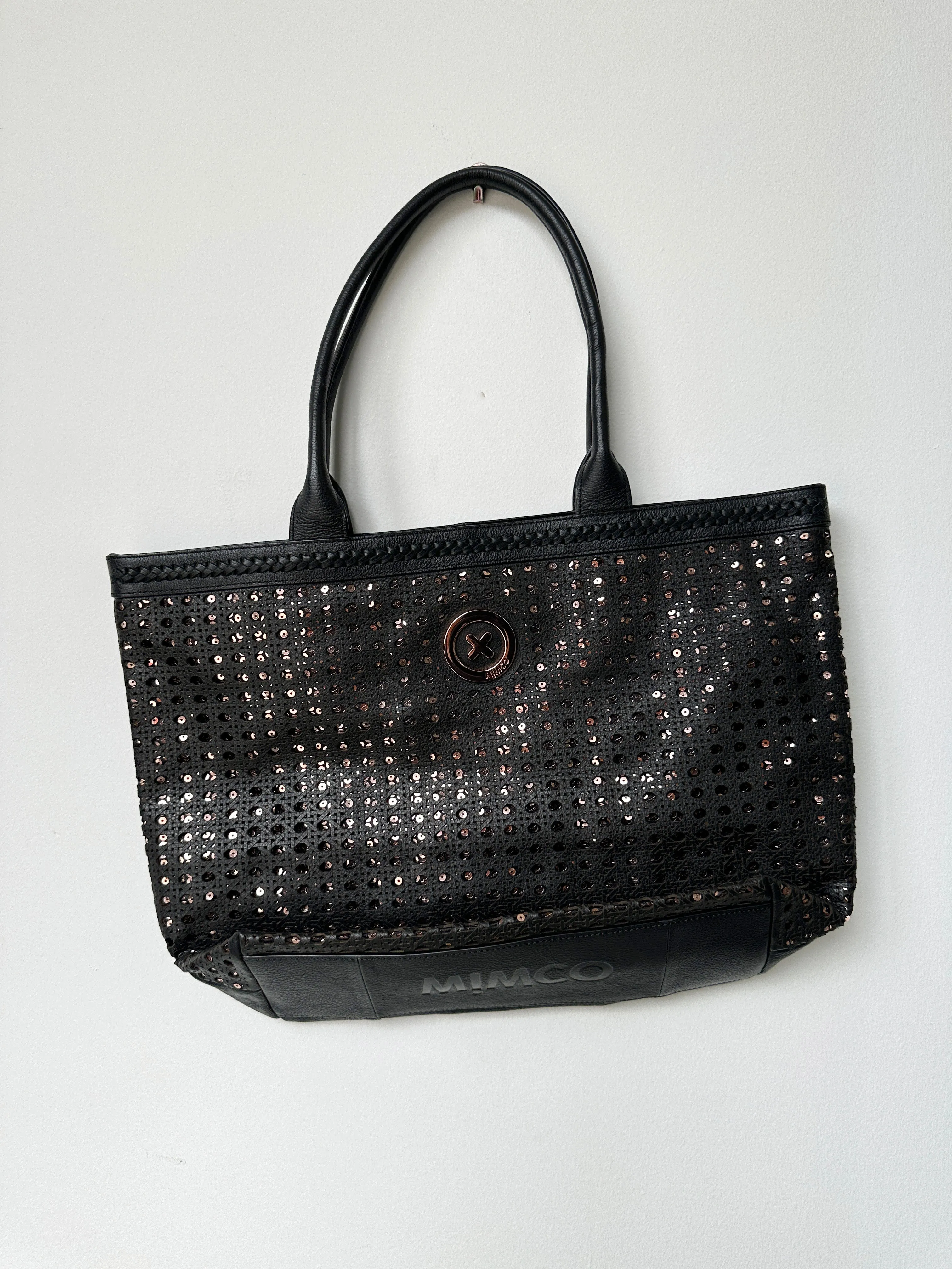 Black Leather and Rose Gold Sequin Tote