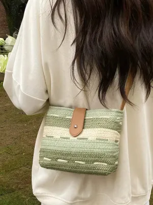 Button Closure Woven Straw Bucket Bag