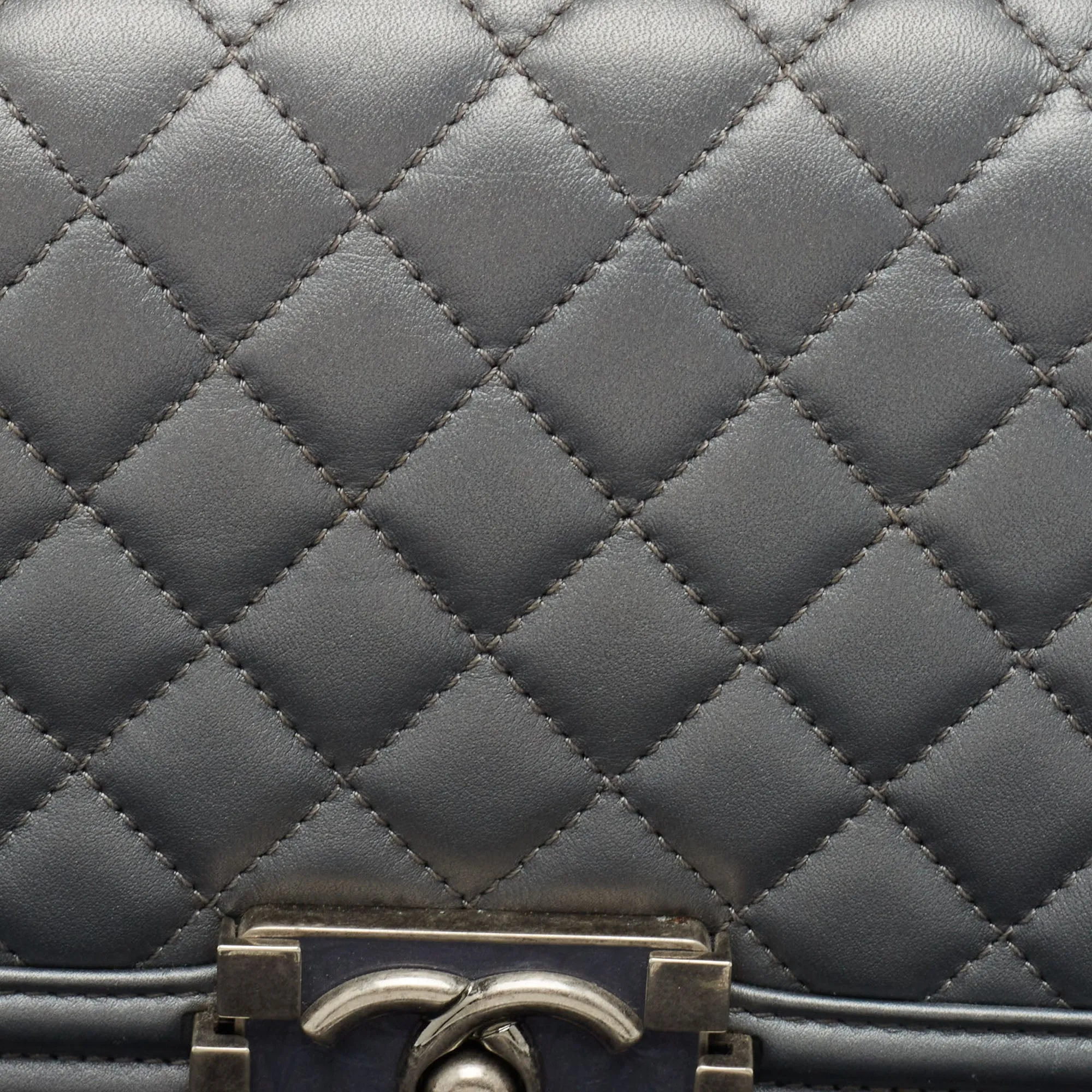 CHANEL Grey Quilted Leather East West Boy Bag