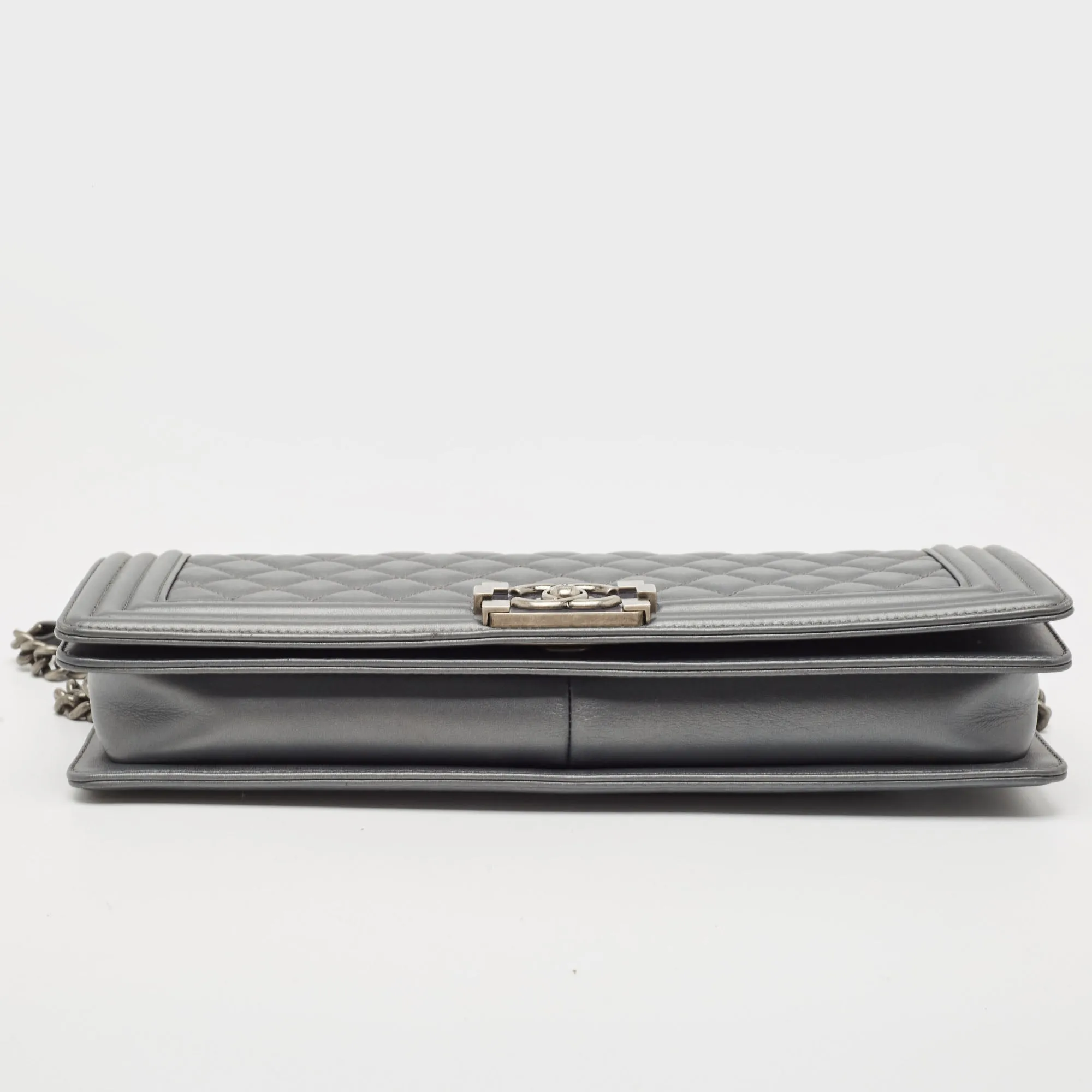 CHANEL Grey Quilted Leather East West Boy Bag