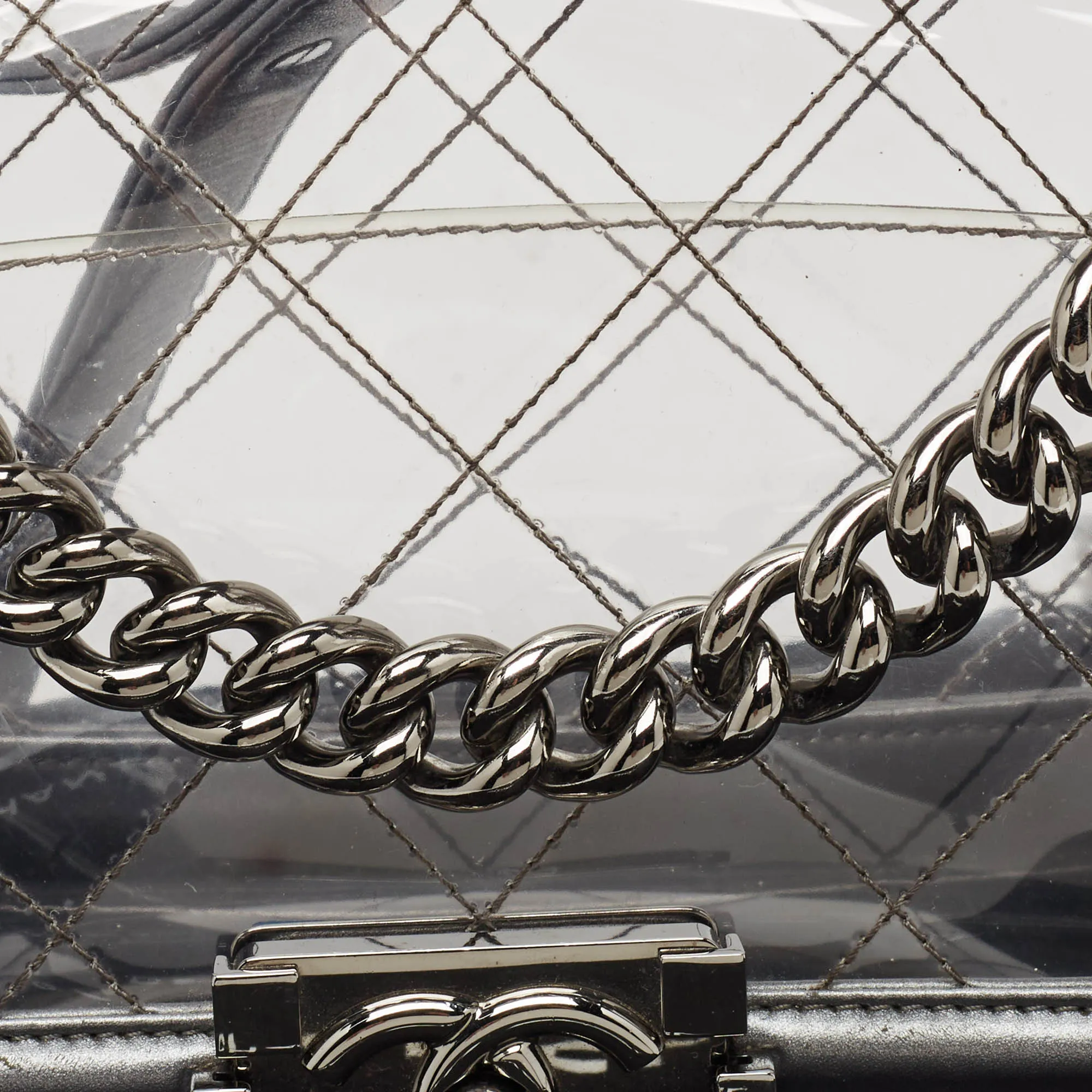 CHANEL Grey/Clear Quilted PVC and Leather Small Boy Flap Bag