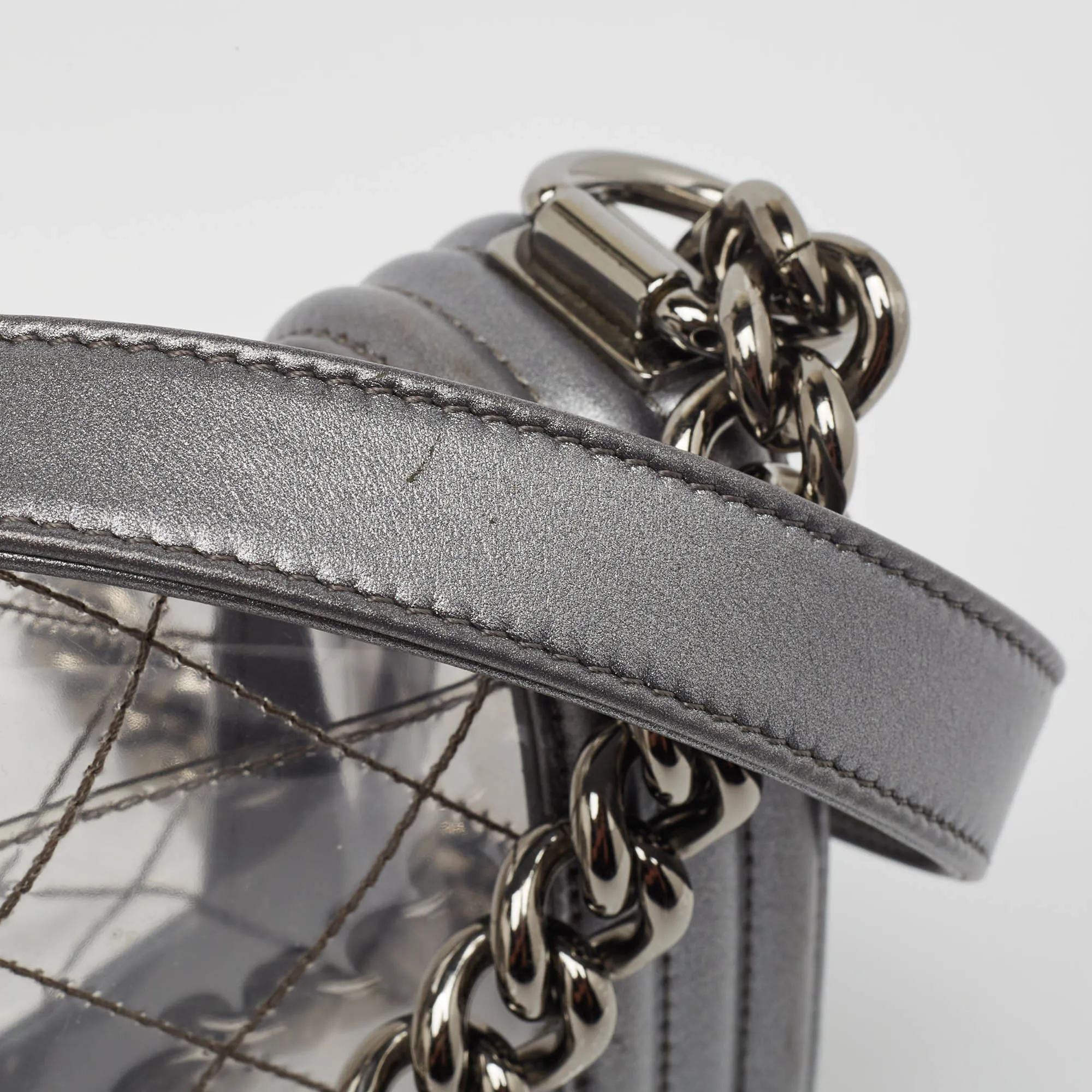 CHANEL Grey/Clear Quilted PVC and Leather Small Boy Flap Bag