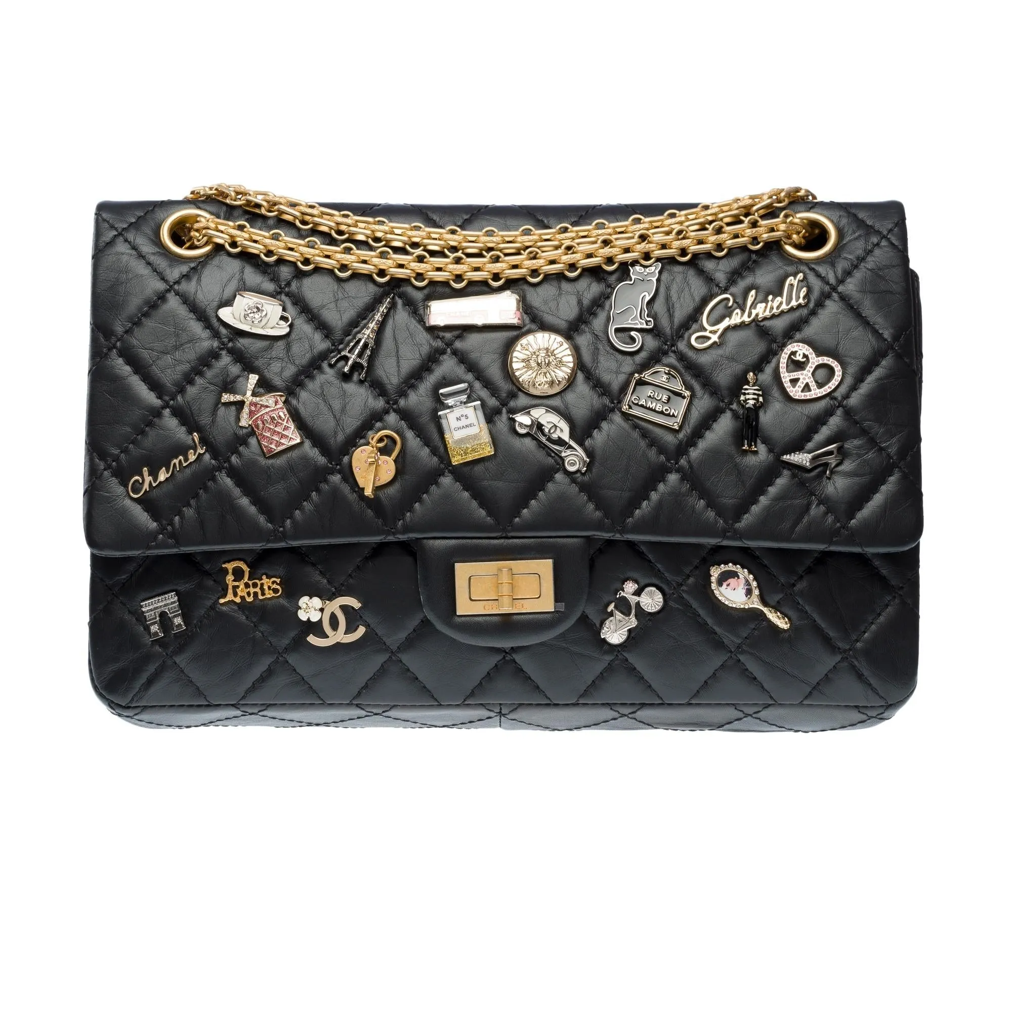 CHANEL Lucky Charms 2.55 double flap shoulder bag in black quilted leather, AGHW