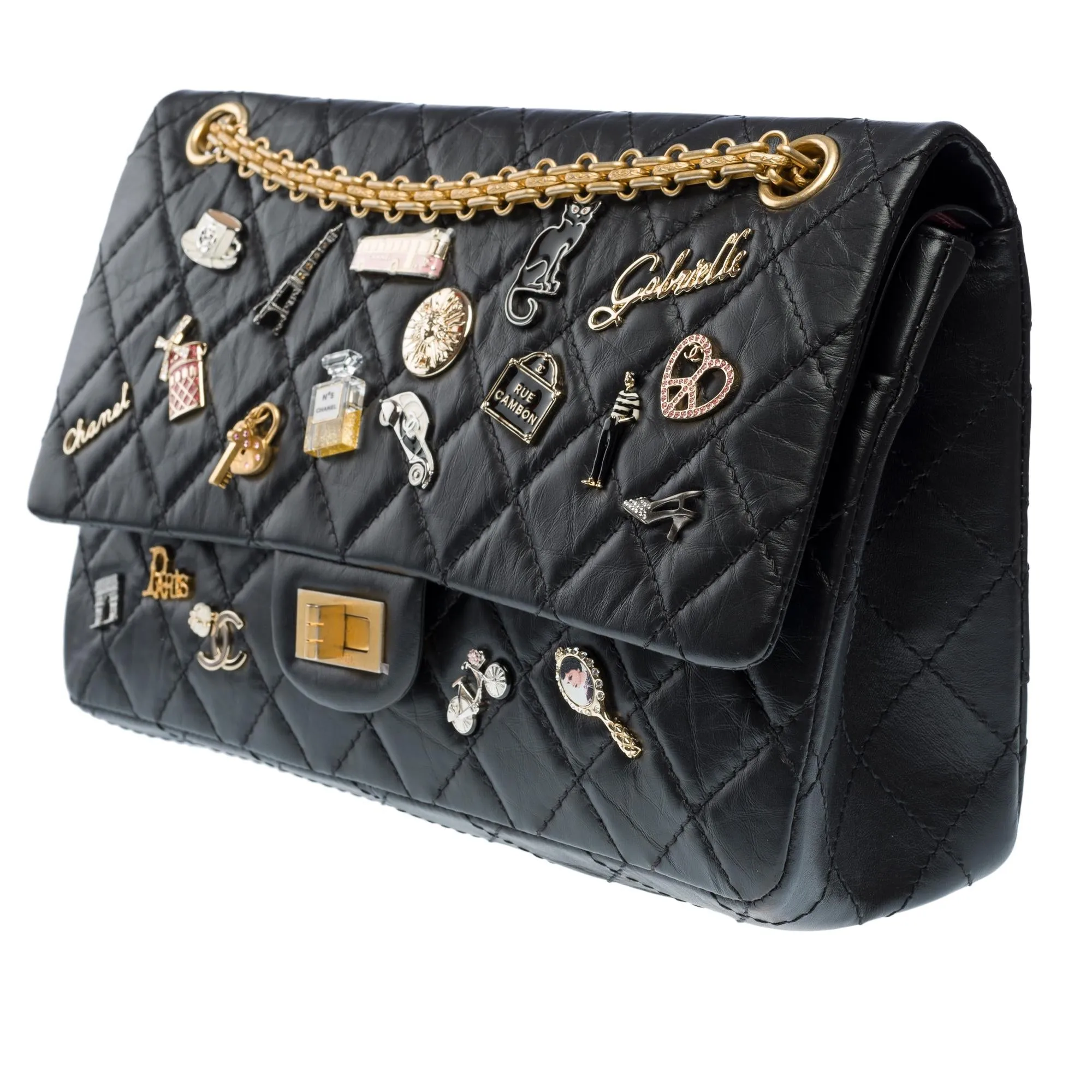 CHANEL Lucky Charms 2.55 double flap shoulder bag in black quilted leather, AGHW