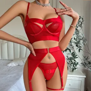 Complex Craftsmanship Perspective Mesh Hollow Body Shaping Fun Four-piece Lingerie Set