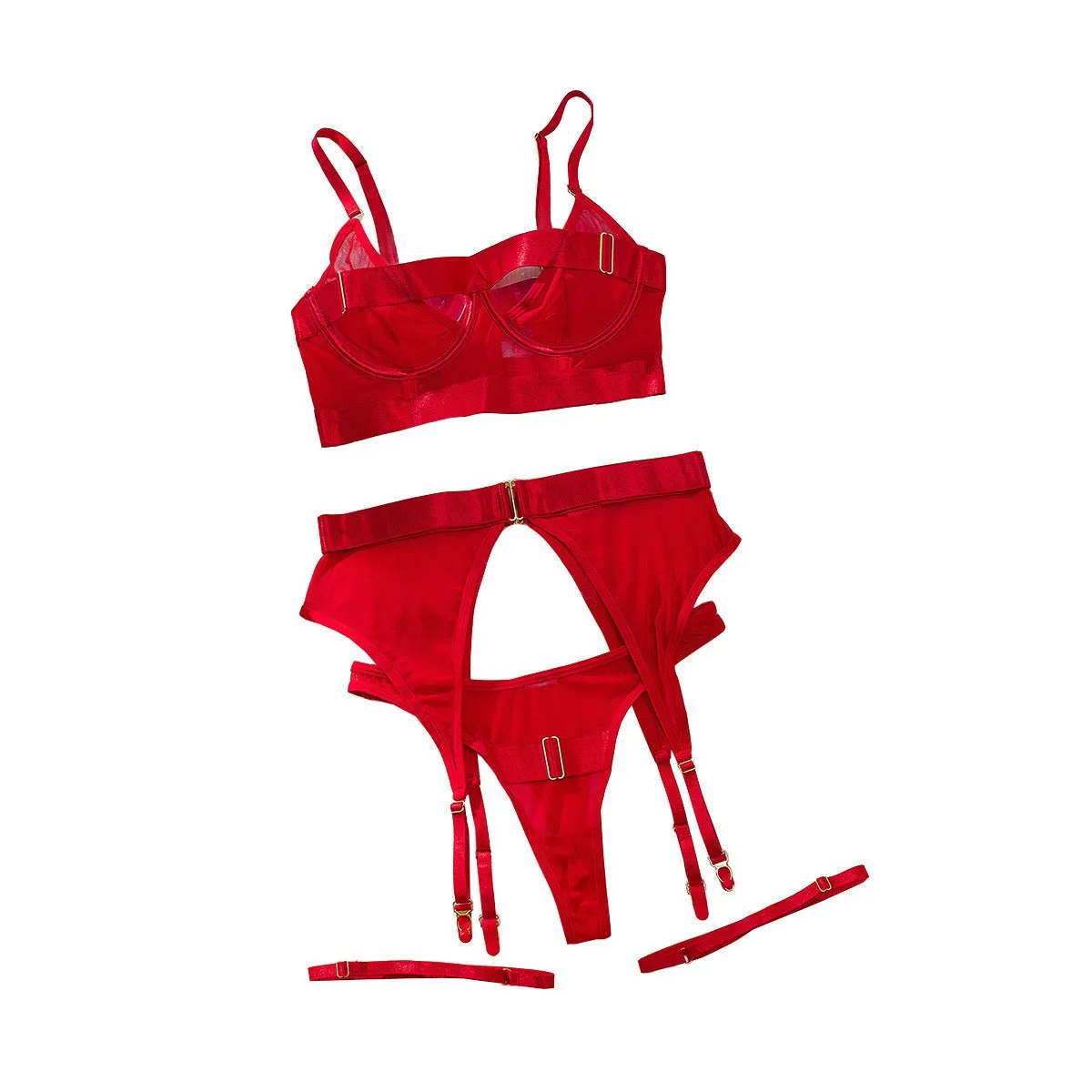 Complex Craftsmanship Perspective Mesh Hollow Body Shaping Fun Four-piece Lingerie Set