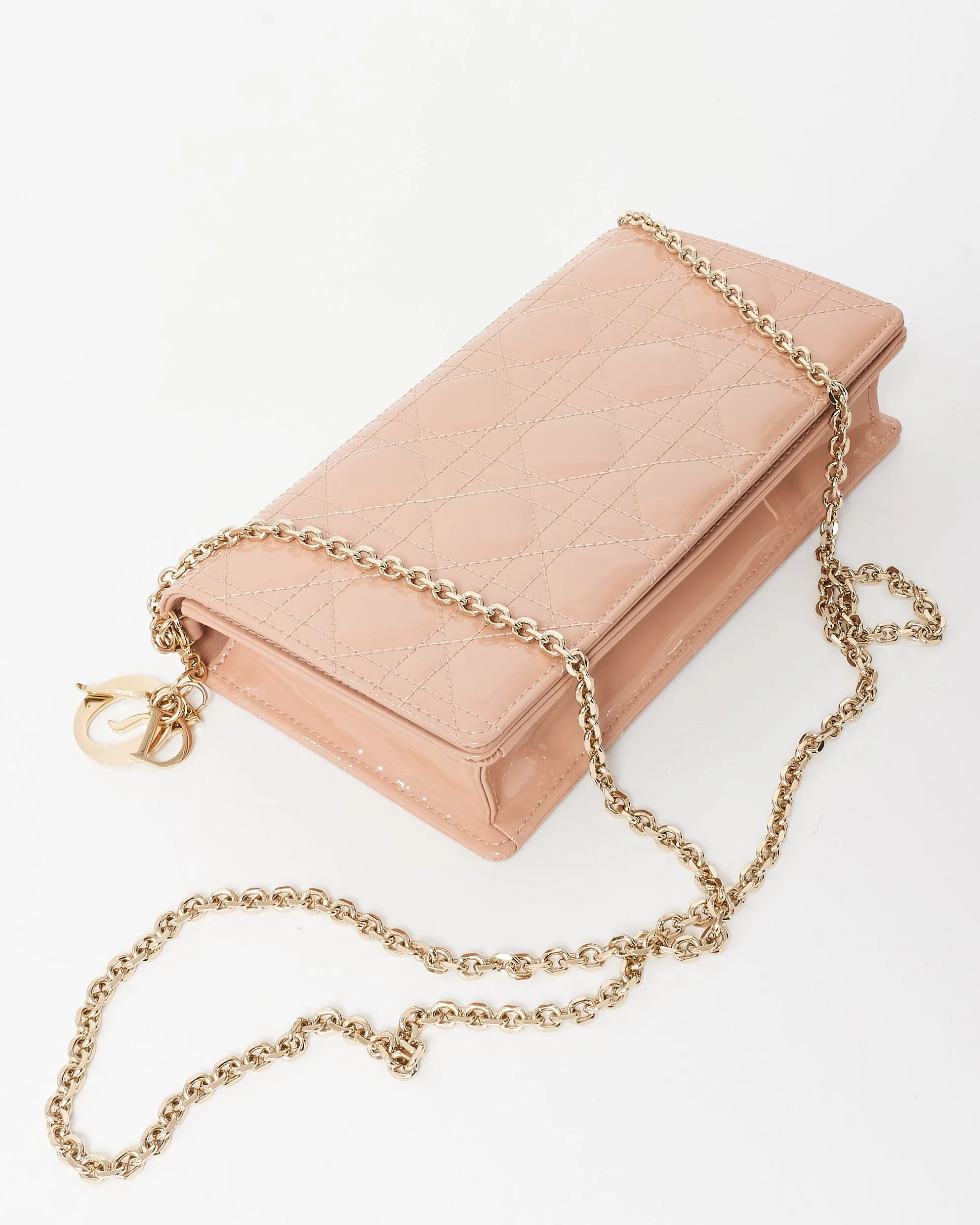Dior Beige Patent Leather Lady Dior Pouch W/ Chain Crossbody Bag