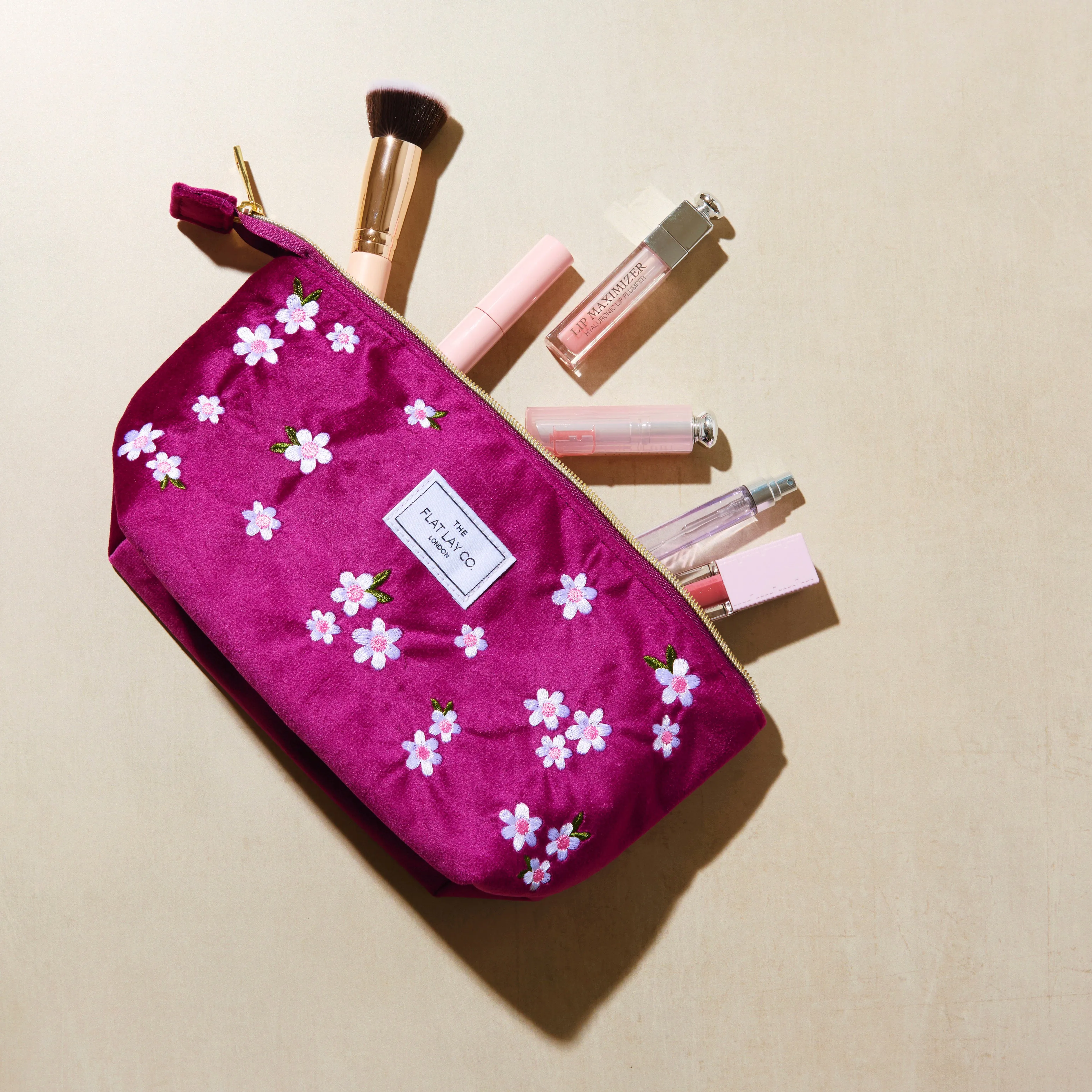 Essential Makeup Pouch - Plum Daisy Embroidered Velvet