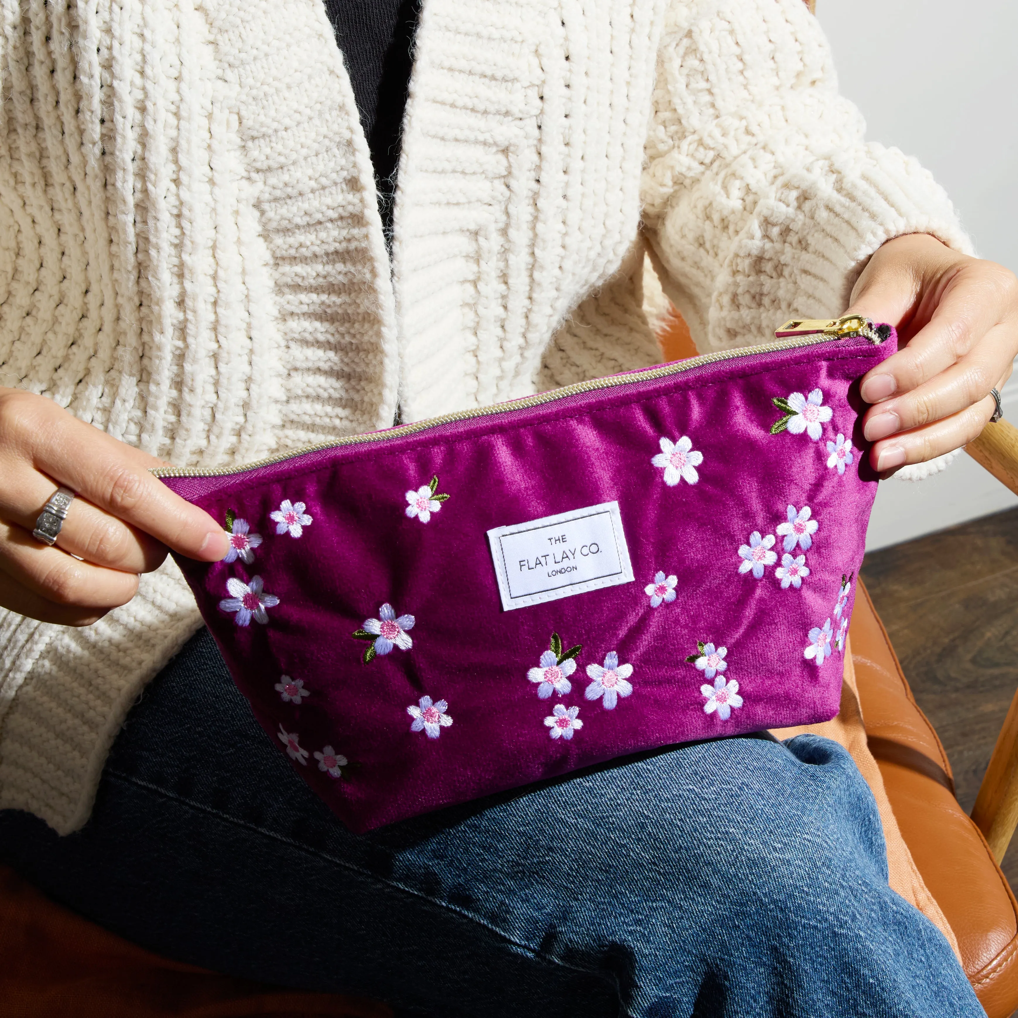 Essential Makeup Pouch - Plum Daisy Embroidered Velvet