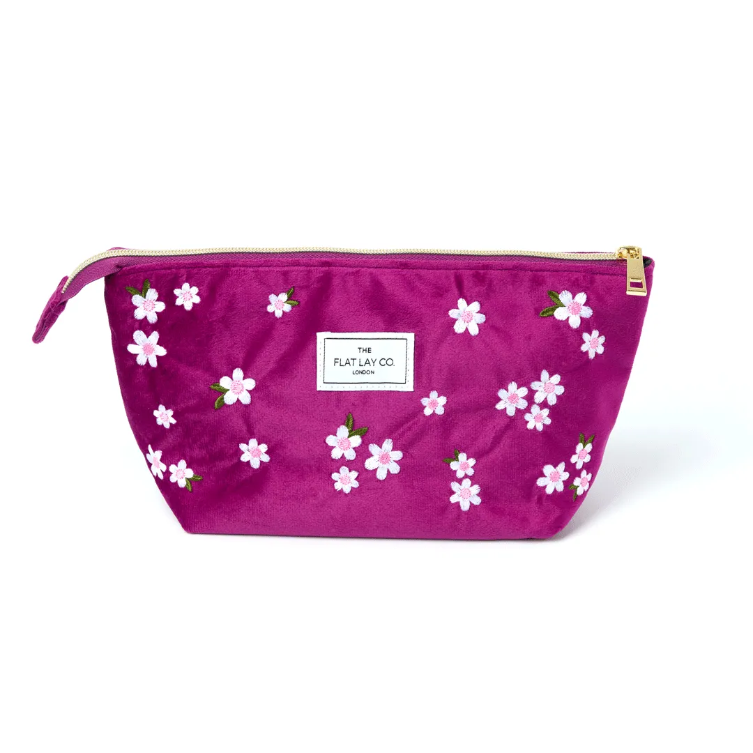 Essential Makeup Pouch - Plum Daisy Embroidered Velvet