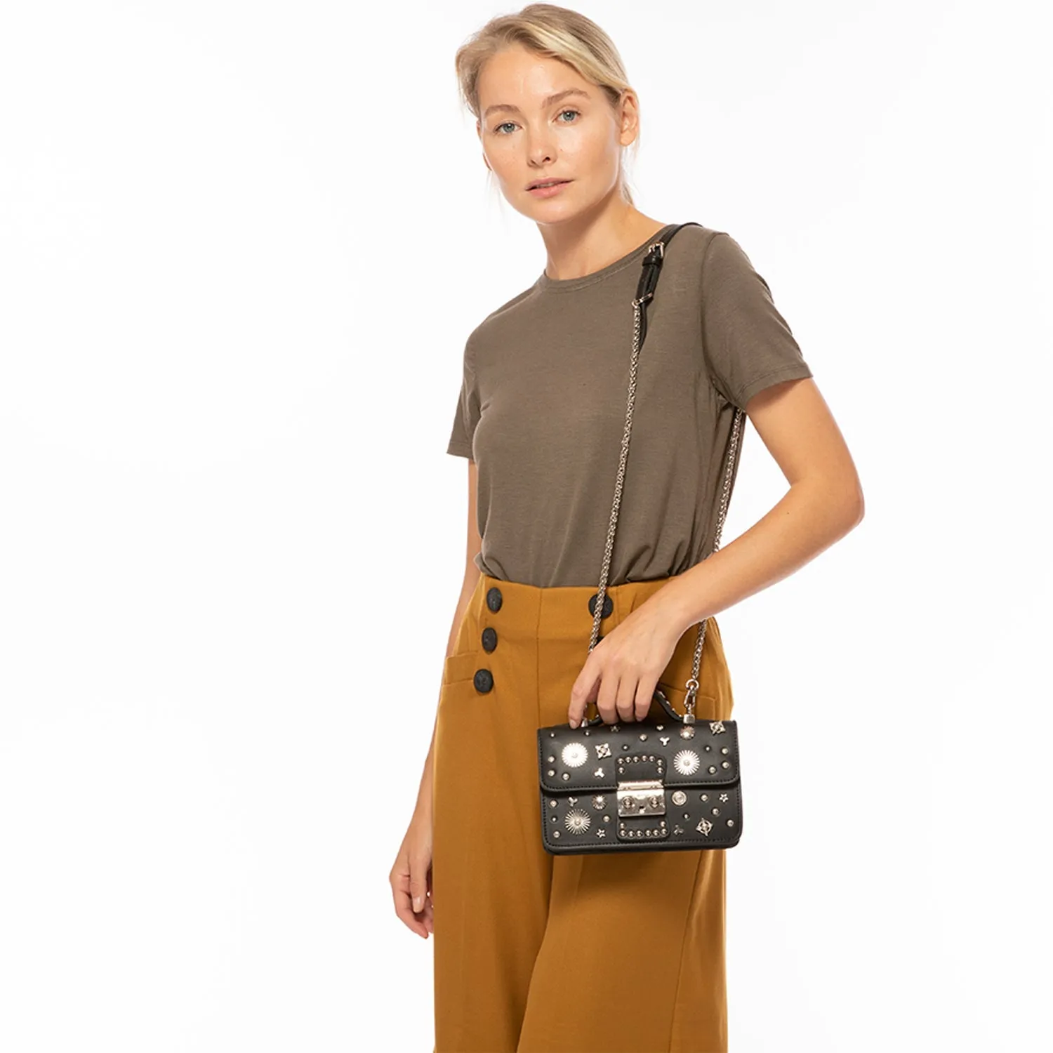 Hollywood Studded Leather Crossbody Black