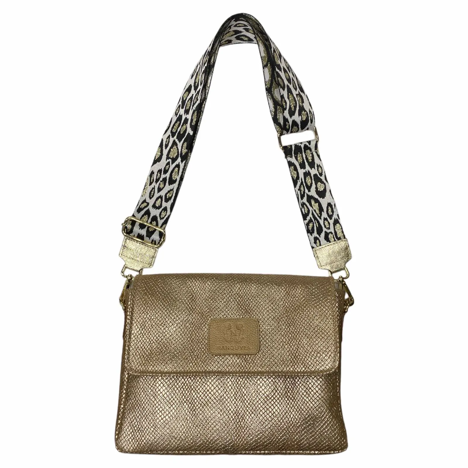 MANDY. GOLD STATEMENT LEATHER BAG