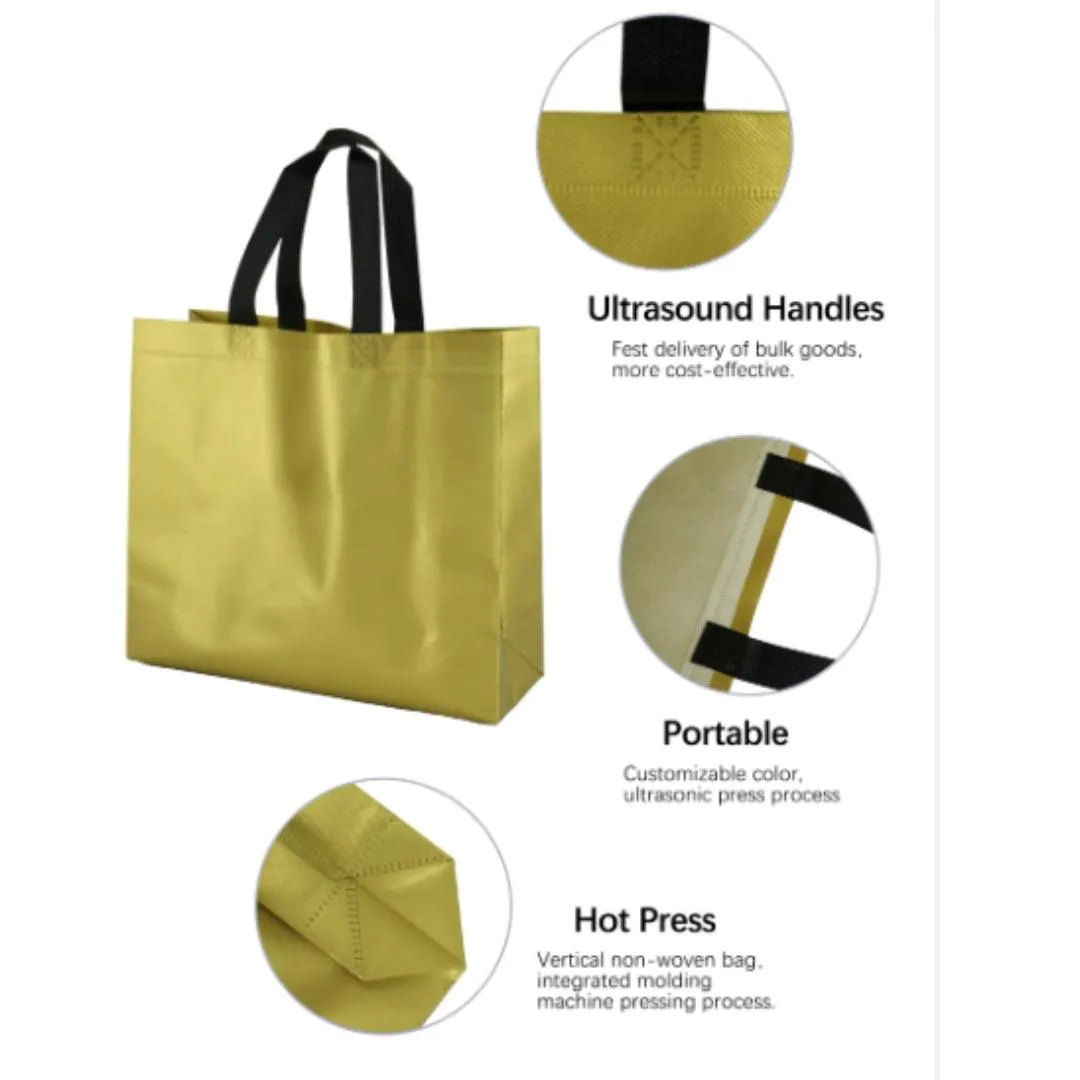 PVC Lamination Bags |Golden Bag with Black Handles | Non Woven Design | Pack of 25 |