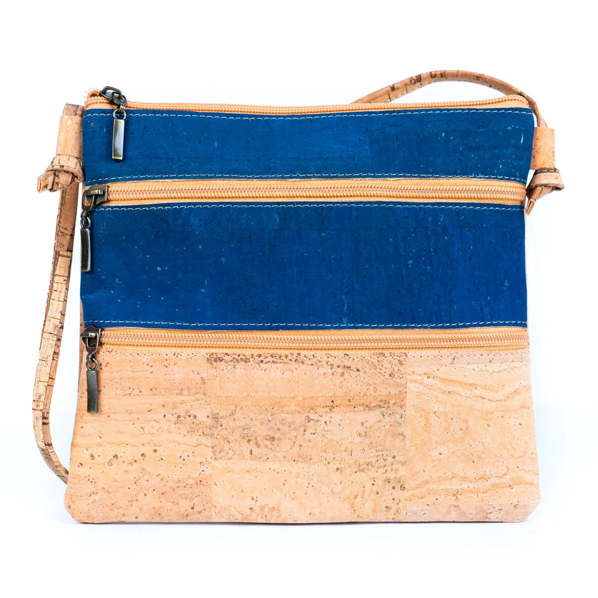 Solid Color Block Triple Zip Women's Cork Crossbody Bag BAGP-237A