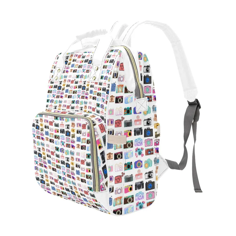 Vintage Cameras White Multi Function Backpack with White Handles