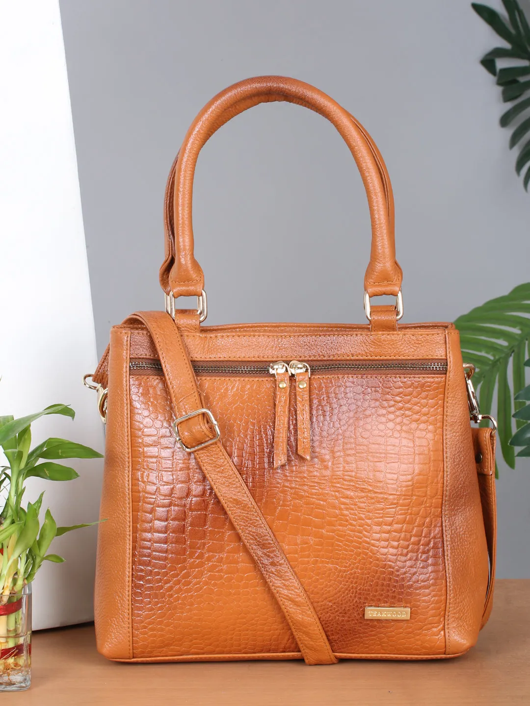 Women Tan Texture Leather Structured Handheld Bag