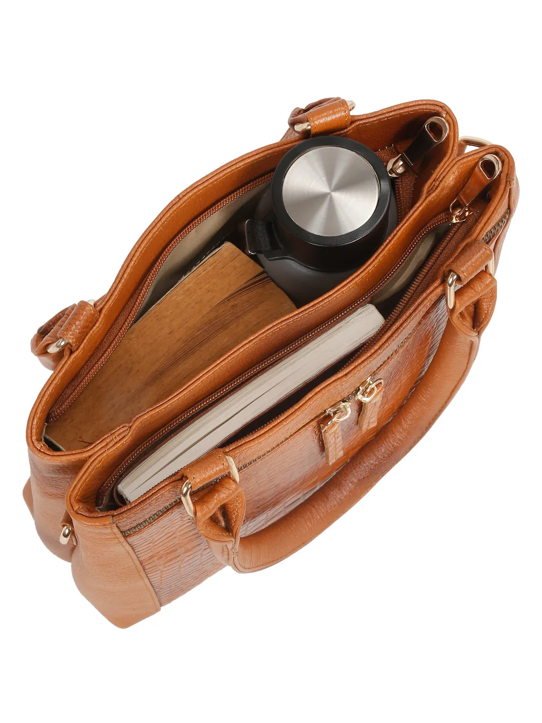 Women Tan Texture Leather Structured Handheld Bag