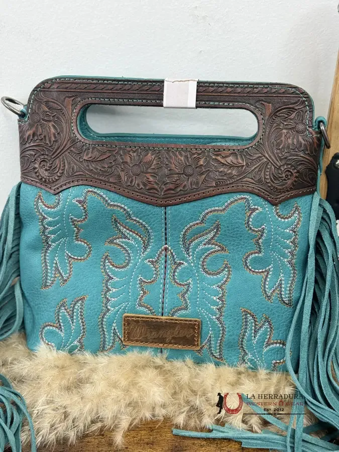 WRANGLER TURQUOISE STITCHED LEATHER HAND BAG NUEVO